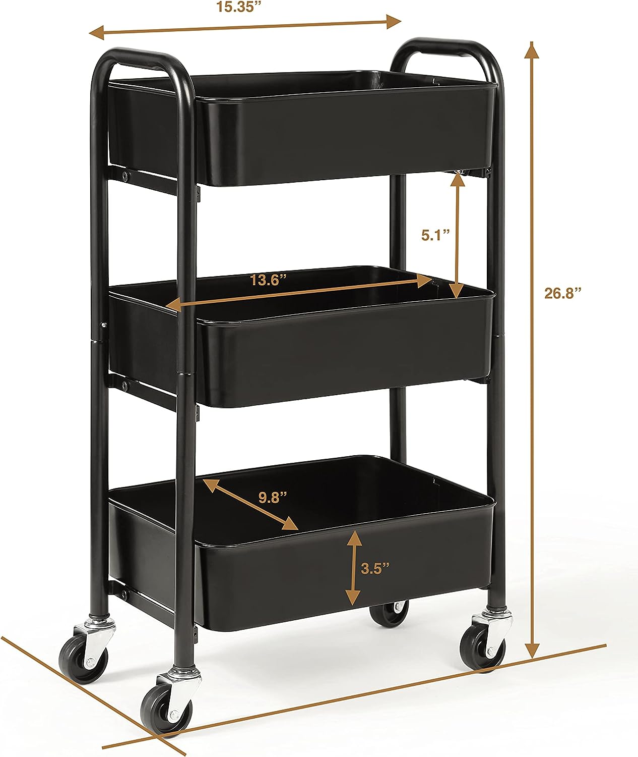 SunnyPoint 3-Tier Delicate Compact Rolling Metal Storage Organizer - Mobile Utility Cart Kitchen/Under Desk Cart with Caster Wheels (Turq, Compact (15.5" X 26.8" X 10.27")) - Image 6